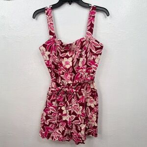 Belle Vere Anthro Romper  Size 8 Tropical Floral Pink Burgundy Cream Belted
